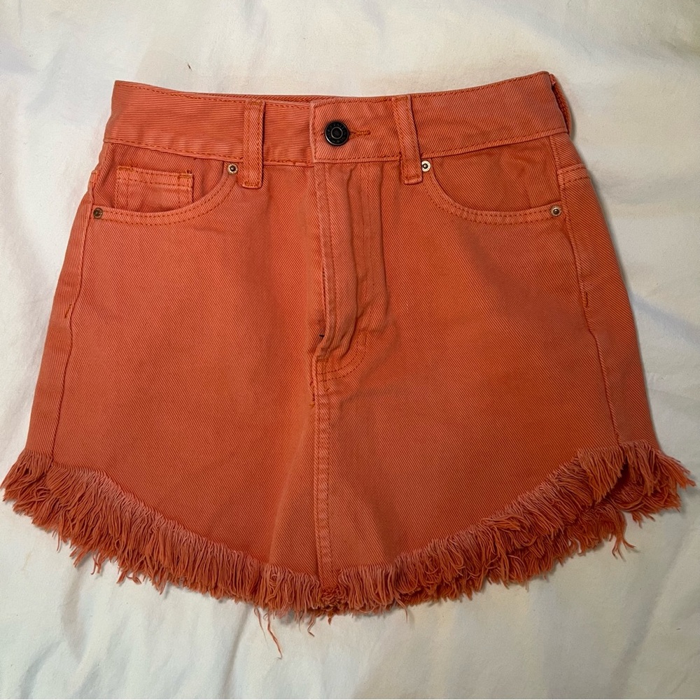 PacSun Clay Salmon Denim Skirt, Frayed Edge Detail, Zip Closure, 22"